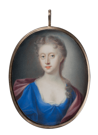 Dame in blauem Kleid mit rosafarbenem Umhang