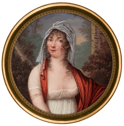 Dame in weißem Empirekleid vor Waldlandschaft