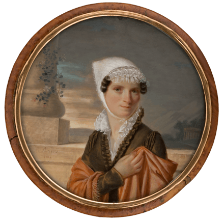 Lady in Brown Dress in front of a Classical Landscape