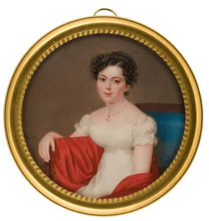 Lady with Red Cape on Blue Sofa