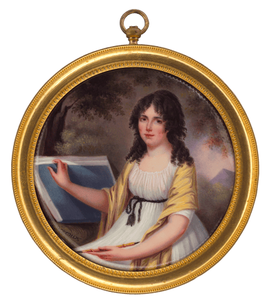 Lady with Drawing File in front of Landscape