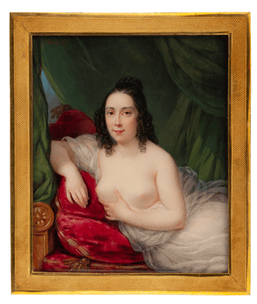 Lady on Sofa with Red Cushions