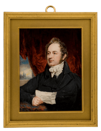 Gentleman with Letter in front of a Red Curtain 