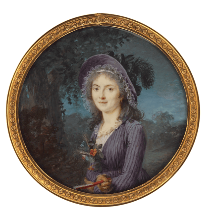 Dame in violettem Kleid und mit federbesetztem Hut